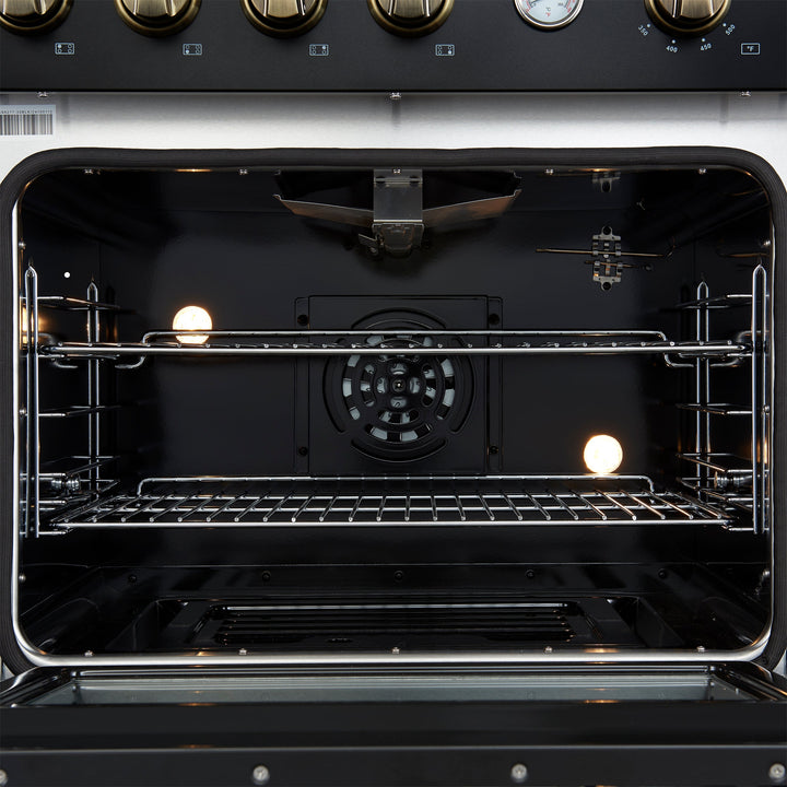 Marco 30-inch Gas Range Black &amp; Antique Brass Design, 4 Burners 37,000 BTU, 4.32 cu.ft. Convection Oven