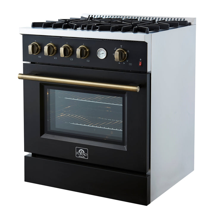 Marco 30-inch Gas Range Black &amp; Antique Brass Design, 4 Burners 37,000 BTU, 4.32 cu.ft. Convection Oven