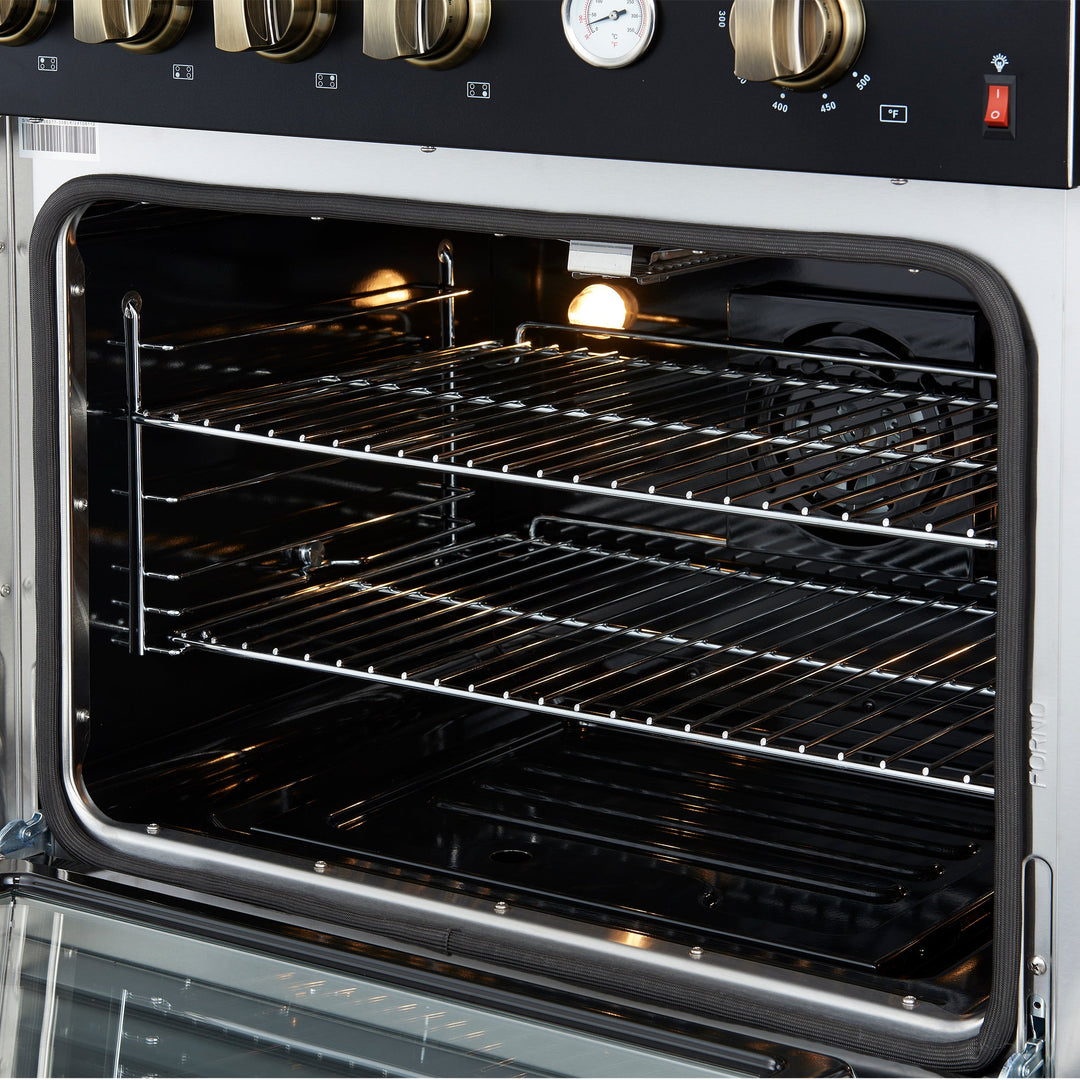 Marco 30-inch Gas Range Black &amp; Antique Brass Design, 4 Burners 37,000 BTU, 4.32 cu.ft. Convection Oven