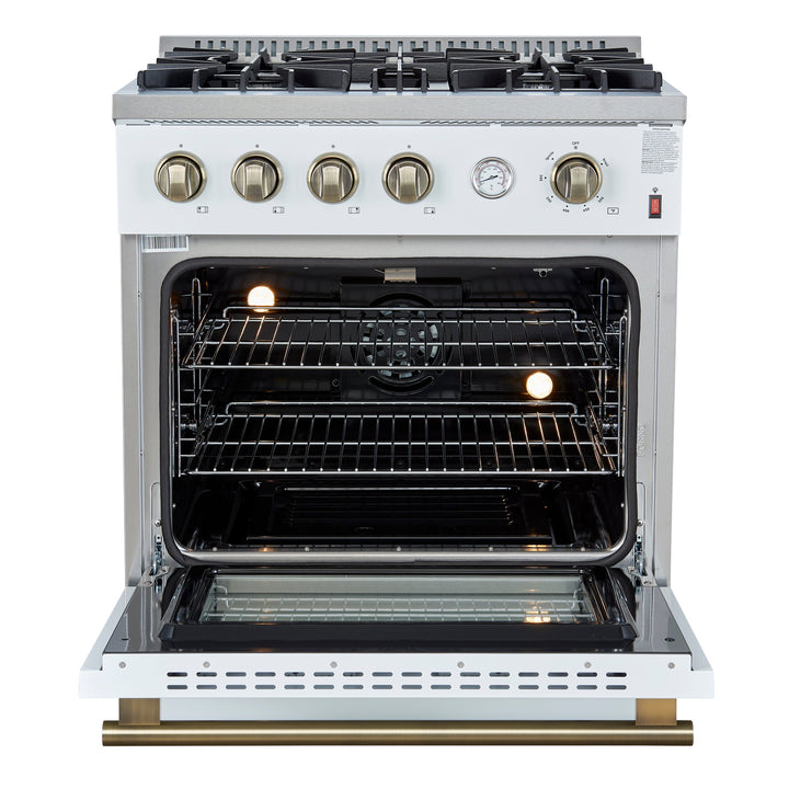 Marco 30-inch Gas Range White &amp; Antique Brass Design, 4 Burners 37,000 BTU, 4.32 cu.ft. Convection Oven