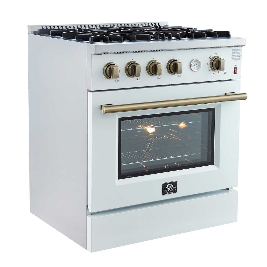 Marco 30-inch Gas Range White &amp; Antique Brass Design, 4 Burners 37,000 BTU, 4.32 cu.ft. Convection Oven
