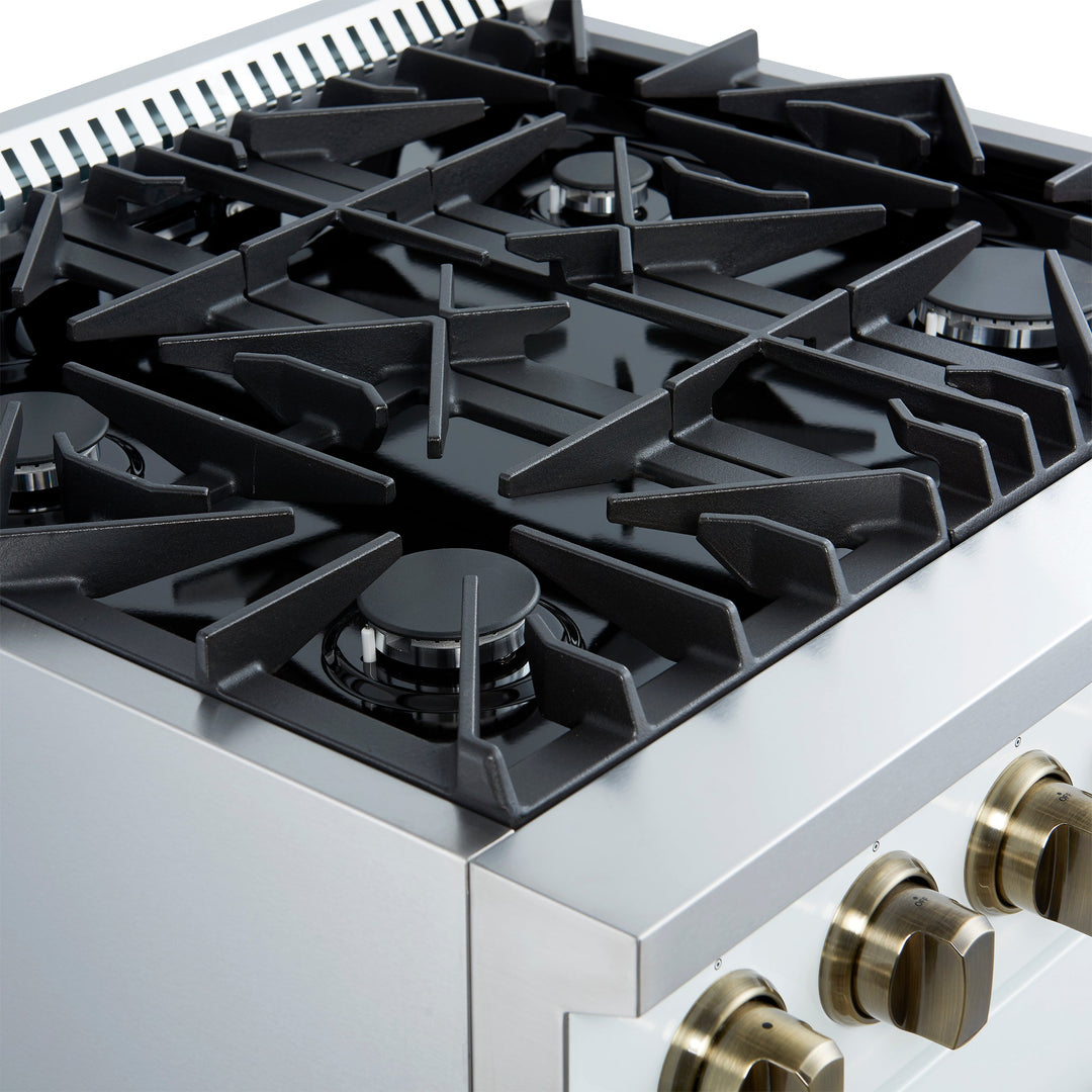 Marco 30-inch Gas Range White &amp; Antique Brass Design, 4 Burners 37,000 BTU, 4.32 cu.ft. Convection Oven
