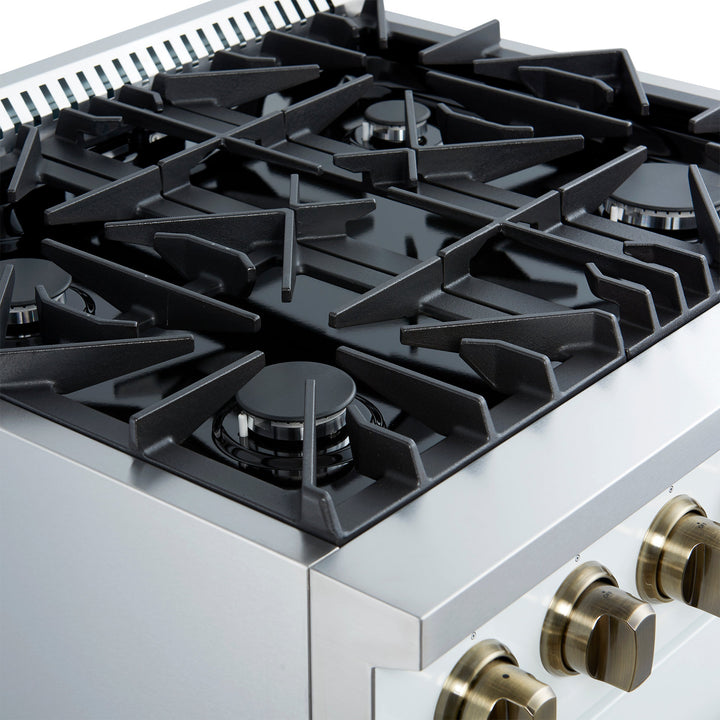 Marco 30-inch Gas Range White &amp; Antique Brass Design, 4 Burners 37,000 BTU, 4.32 cu.ft. Convection Oven