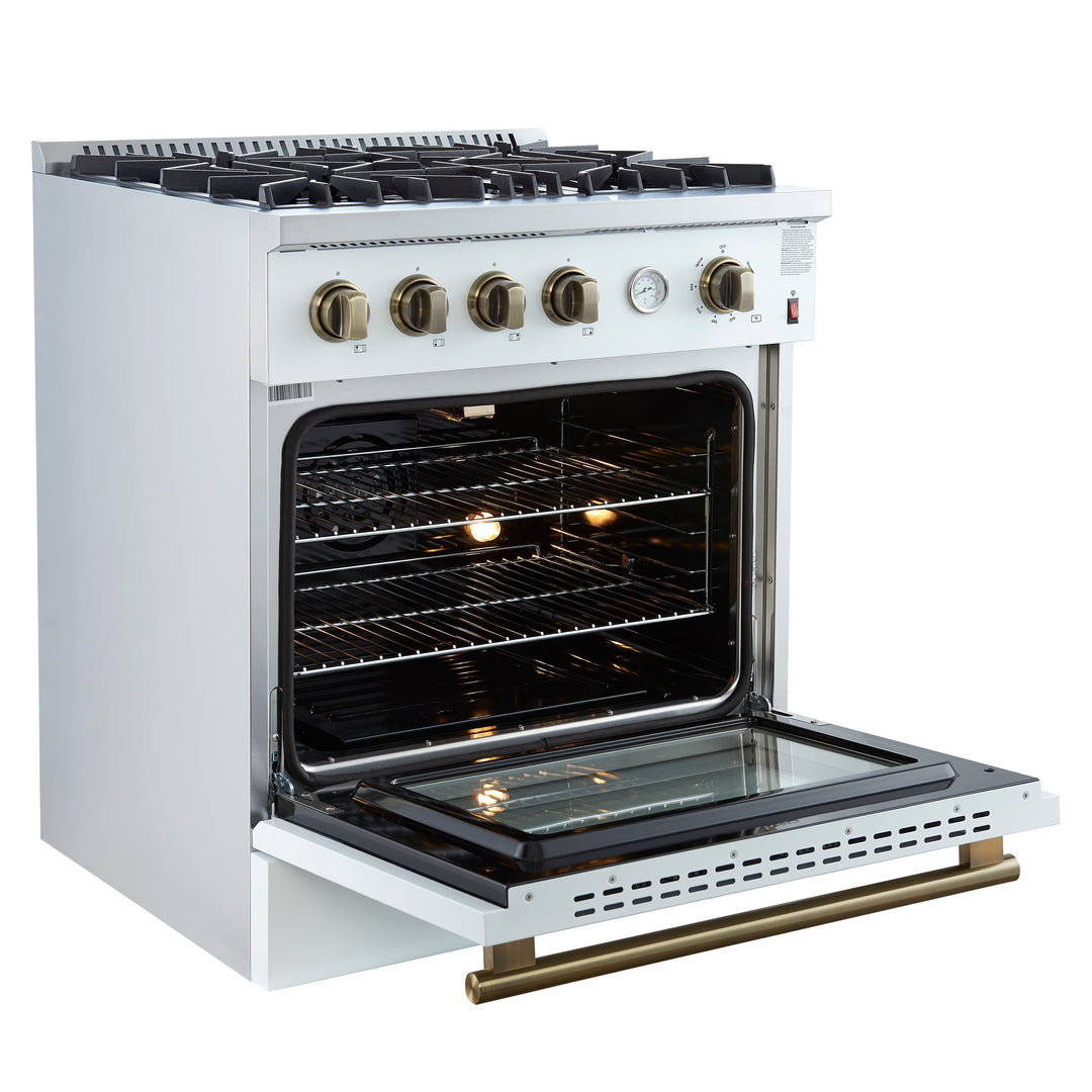 Marco 30-inch Gas Range White &amp; Antique Brass Design, 4 Burners 37,000 BTU, 4.32 cu.ft. Convection Oven