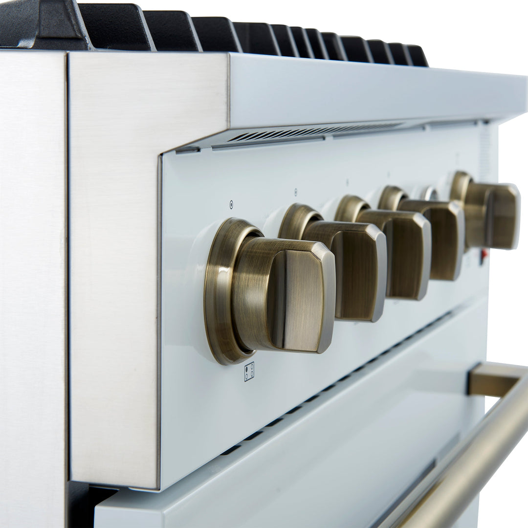 Marco 30-inch Gas Range White &amp; Antique Brass Design, 4 Burners 37,000 BTU, 4.32 cu.ft. Convection Oven