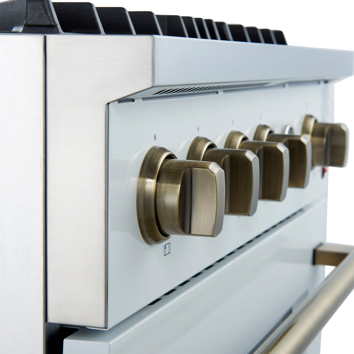Marco 30-inch Gas Range White &amp; Antique Brass Design, 4 Burners 37,000 BTU, 4.32 cu.ft. Convection Oven