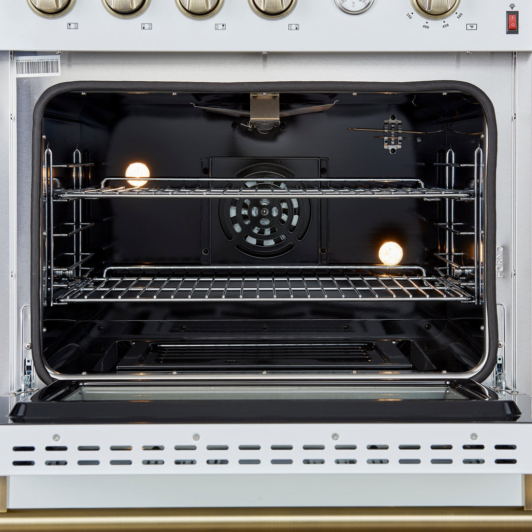 Marco 30-inch Gas Range White &amp; Antique Brass Design, 4 Burners 37,000 BTU, 4.32 cu.ft. Convection Oven