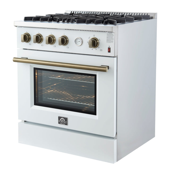 Marco 30-inch Gas Range White &amp; Antique Brass Design, 4 Burners 37,000 BTU, 4.32 cu.ft. Convection Oven