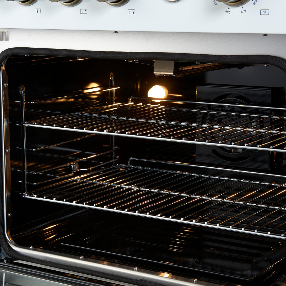 Marco 30-inch Gas Range White &amp; Antique Brass Design, 4 Burners 37,000 BTU, 4.32 cu.ft. Convection Oven