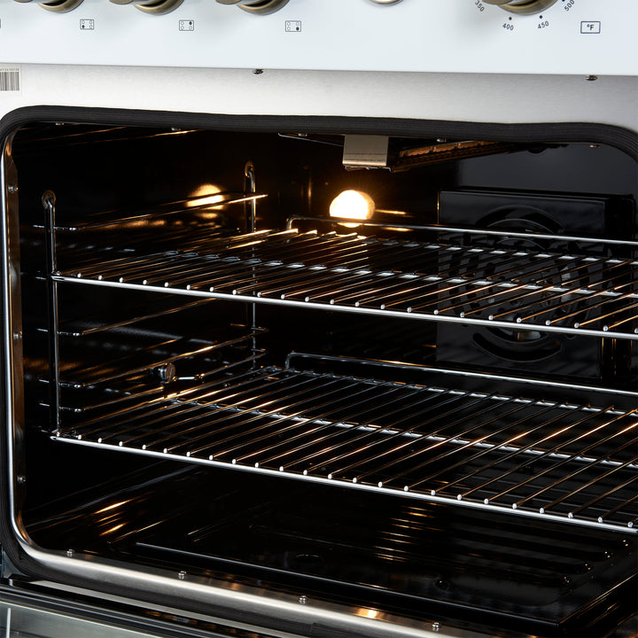 Marco 30-inch Gas Range White &amp; Antique Brass Design, 4 Burners 37,000 BTU, 4.32 cu.ft. Convection Oven