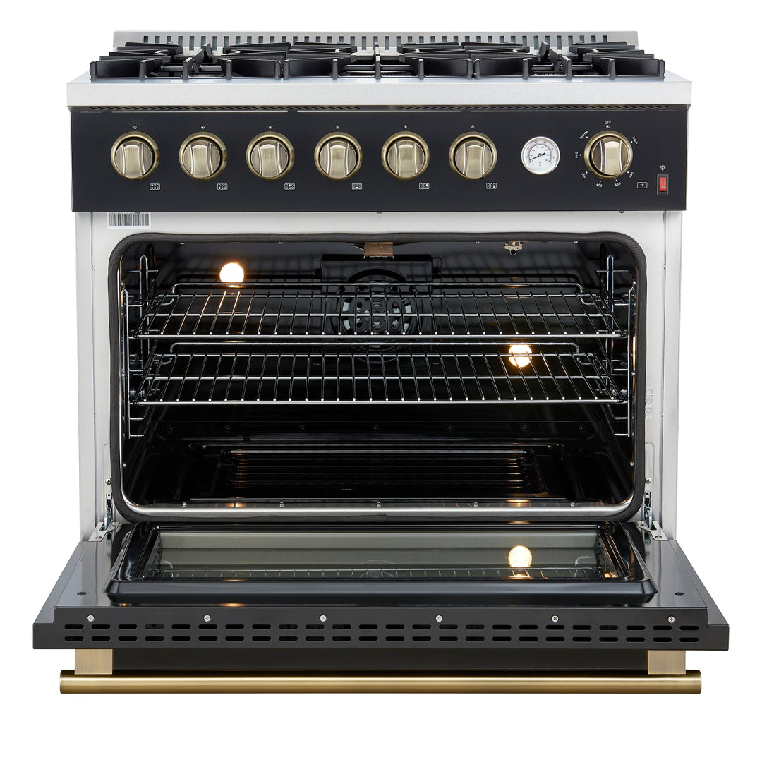 Marco 36-Inch Gas Range Black &amp; Antique Brass Design, 6 Burners 67,000 BTU, 5.36 cu.ft. Convection Oven
