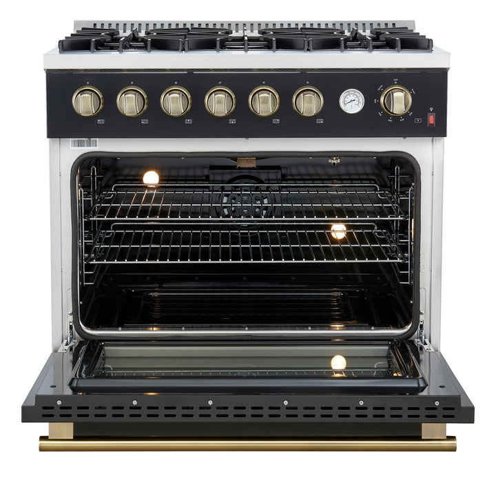 Marco 36-Inch Gas Range Black &amp; Antique Brass Design, 6 Burners 67,000 BTU, 5.36 cu.ft. Convection Oven