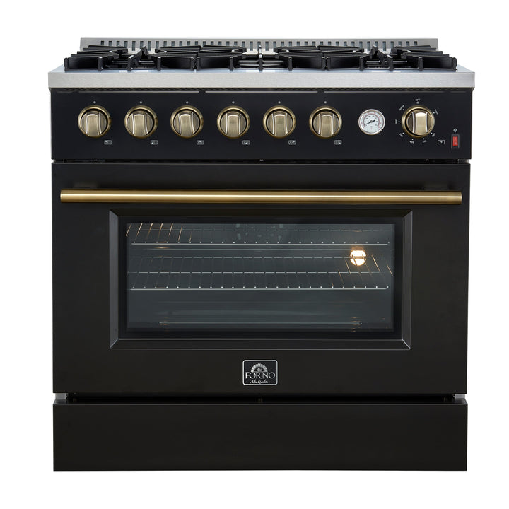 Marco 36-Inch Gas Range Black &amp; Antique Brass Design, 6 Burners 67,000 BTU, 5.36 cu.ft. Convection Oven