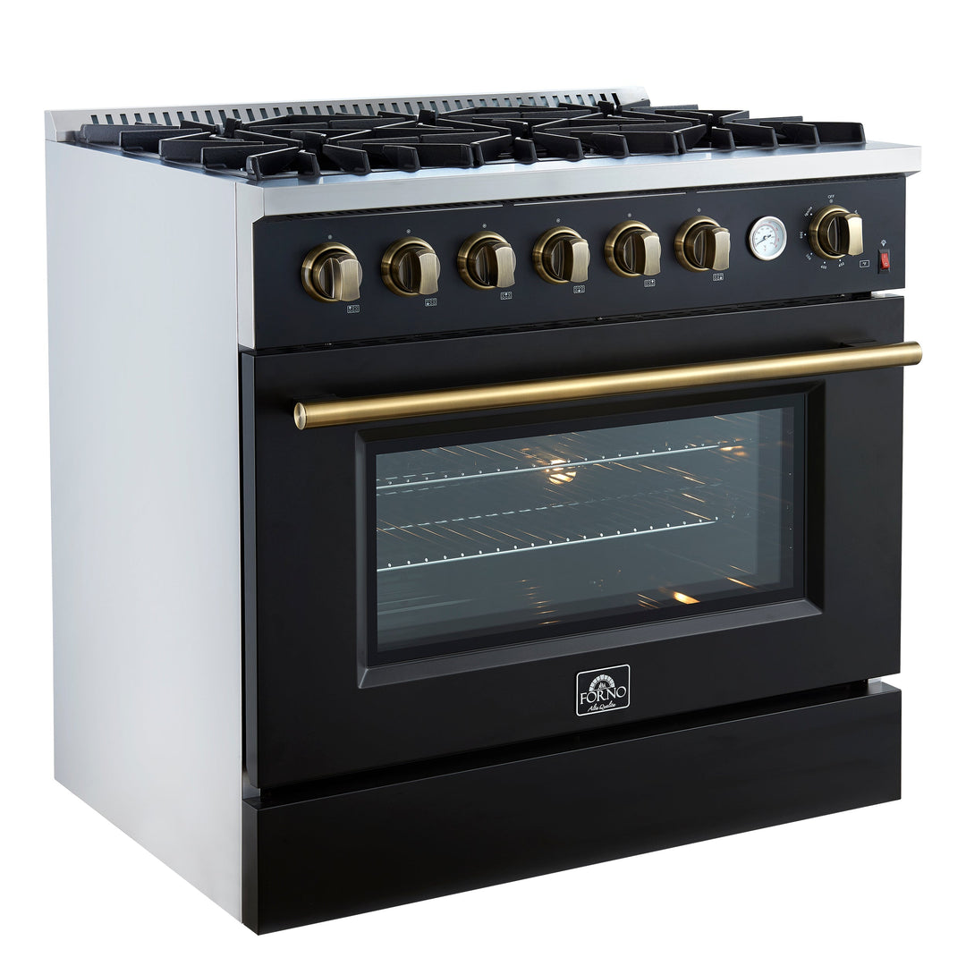 Marco 36-Inch Gas Range Black &amp; Antique Brass Design, 6 Burners 67,000 BTU, 5.36 cu.ft. Convection Oven
