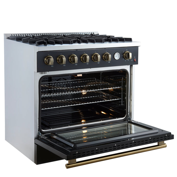 Marco 36-Inch Gas Range Black &amp; Antique Brass Design, 6 Burners 67,000 BTU, 5.36 cu.ft. Convection Oven
