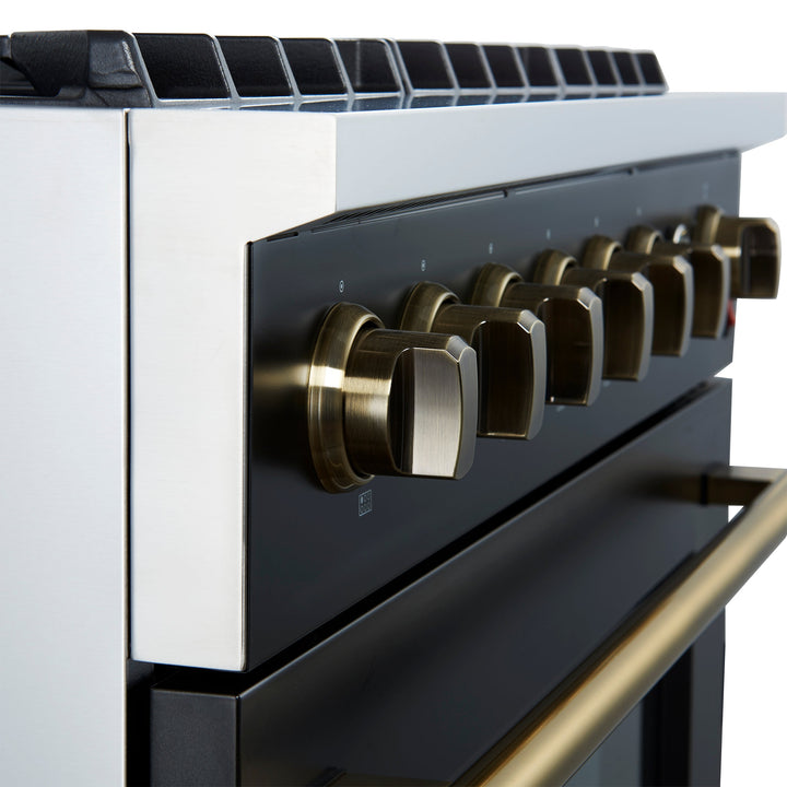 Marco 36-Inch Gas Range Black &amp; Antique Brass Design, 6 Burners 67,000 BTU, 5.36 cu.ft. Convection Oven