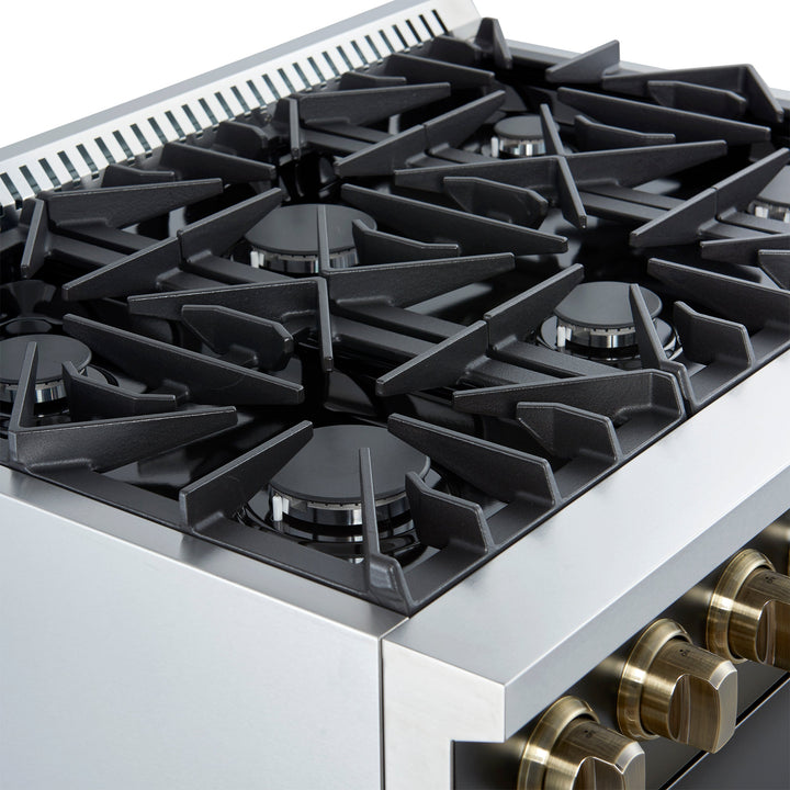 Marco 36-Inch Gas Range Black &amp; Antique Brass Design, 6 Burners 67,000 BTU, 5.36 cu.ft. Convection Oven