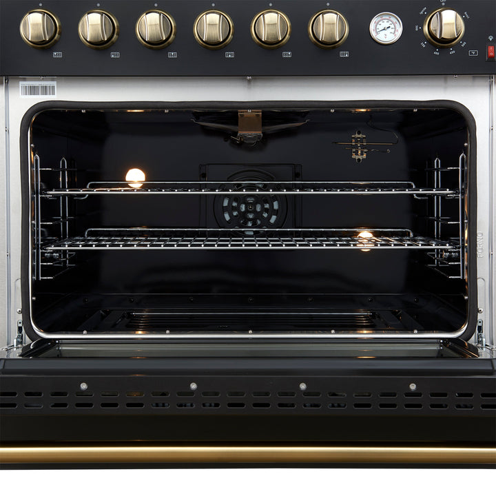 Marco 36-Inch Gas Range Black &amp; Antique Brass Design, 6 Burners 67,000 BTU, 5.36 cu.ft. Convection Oven