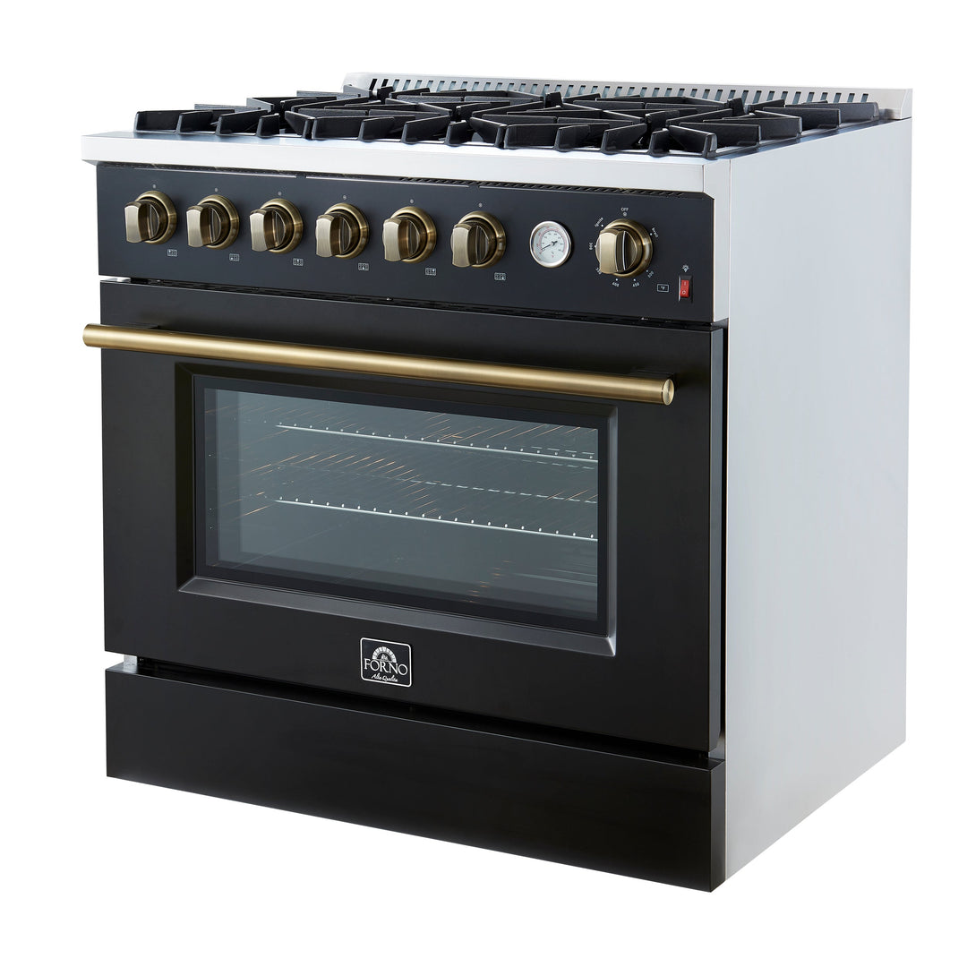 Marco 36-Inch Gas Range Black &amp; Antique Brass Design, 6 Burners 67,000 BTU, 5.36 cu.ft. Convection Oven