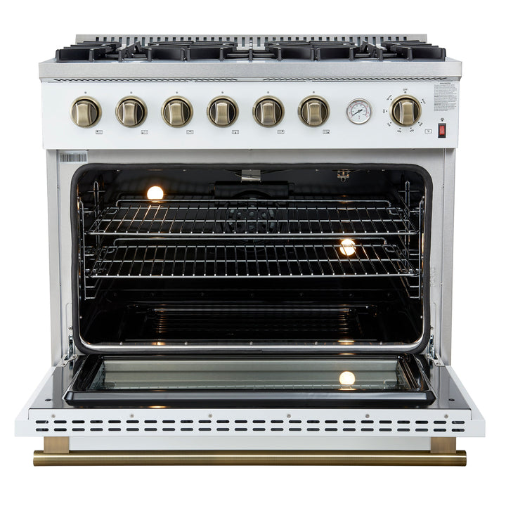 Marco 36-Inch Gas Range White &amp; Antique Brass Design, 6 Burners 67,000 BTU, 5.36 cu.ft. Convection Oven
