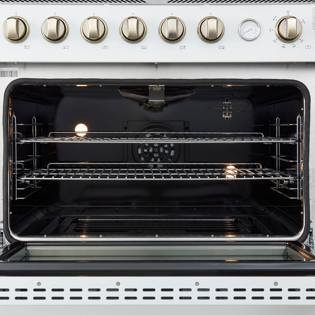Marco 36-Inch Gas Range White &amp; Antique Brass Design, 6 Burners 67,000 BTU, 5.36 cu.ft. Convection Oven