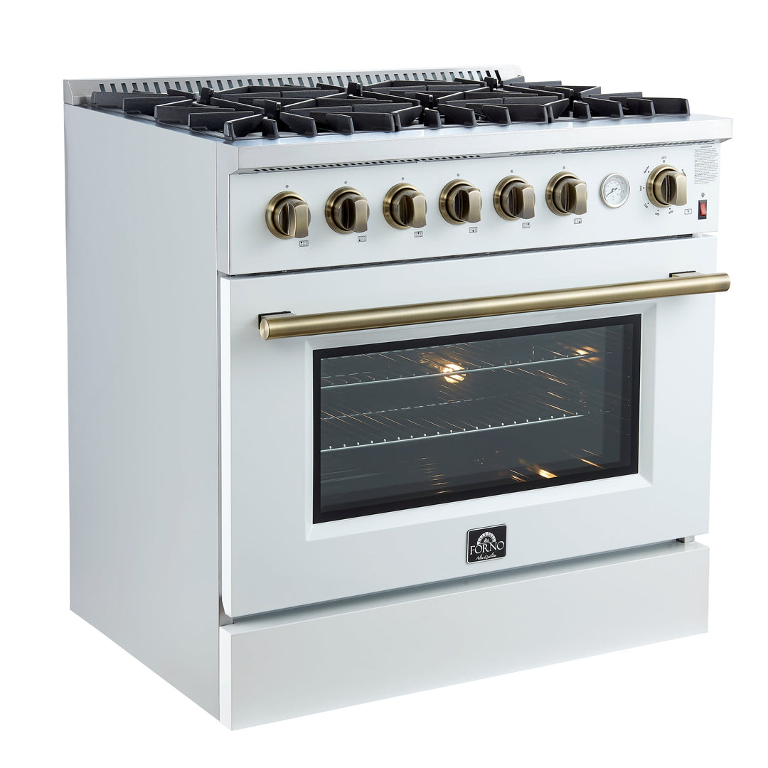 Marco 36-Inch Gas Range White &amp; Antique Brass Design, 6 Burners 67,000 BTU, 5.36 cu.ft. Convection Oven