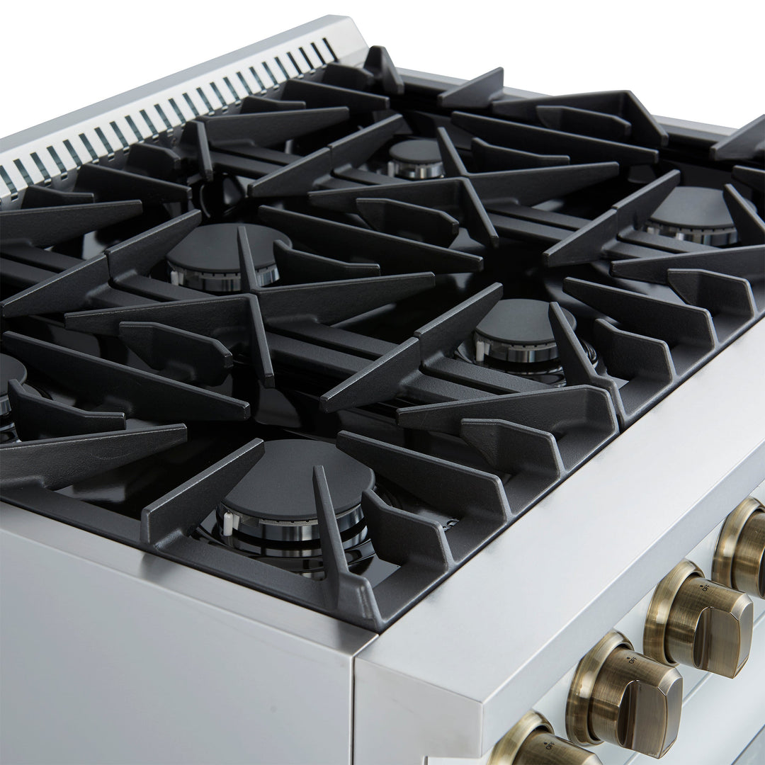 Marco 36-Inch Gas Range White &amp; Antique Brass Design, 6 Burners 67,000 BTU, 5.36 cu.ft. Convection Oven
