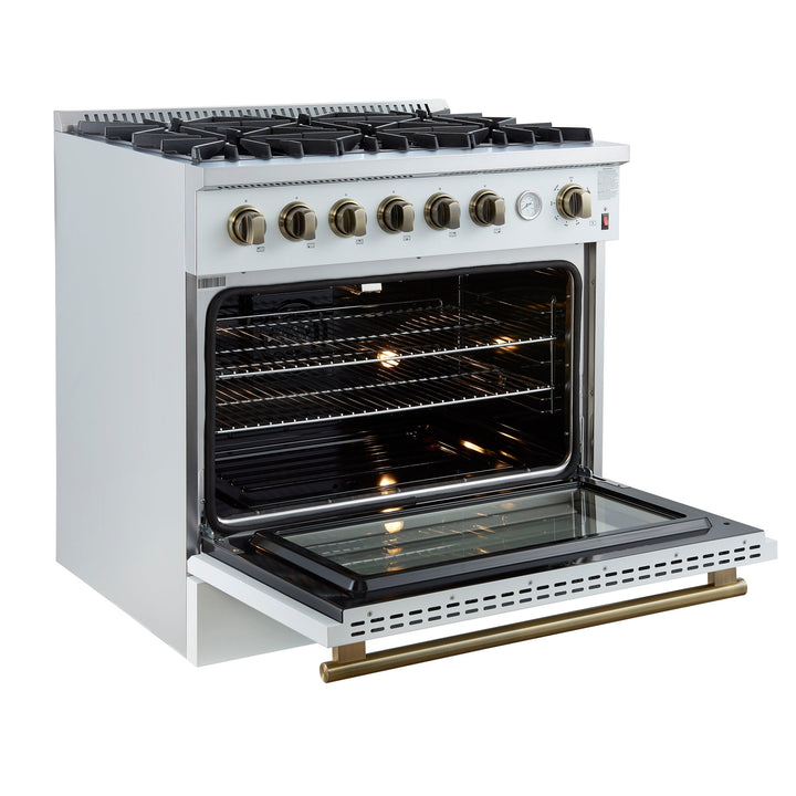 Marco 36-Inch Gas Range White &amp; Antique Brass Design, 6 Burners 67,000 BTU, 5.36 cu.ft. Convection Oven