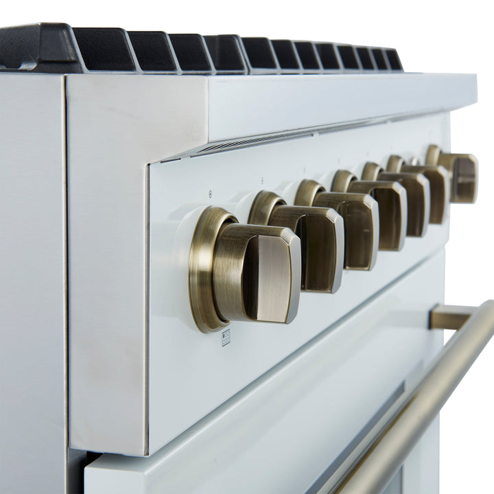 Marco 36-Inch Gas Range White &amp; Antique Brass Design, 6 Burners 67,000 BTU, 5.36 cu.ft. Convection Oven