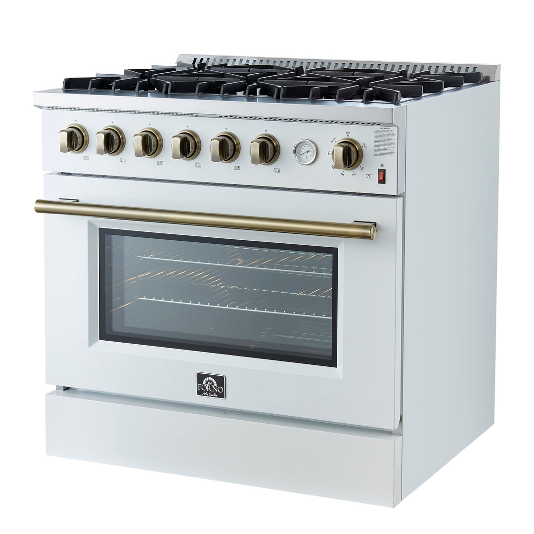 Marco 36-Inch Gas Range White &amp; Antique Brass Design, 6 Burners 67,000 BTU, 5.36 cu.ft. Convection Oven