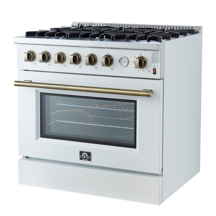 Marco 36-Inch Gas Range White &amp; Antique Brass Design, 6 Burners 67,000 BTU, 5.36 cu.ft. Convection Oven