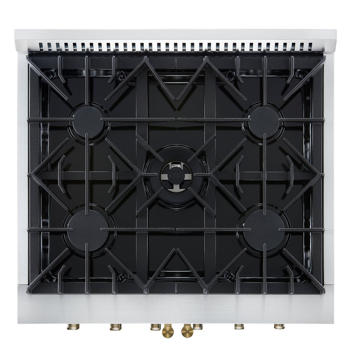 Forno Galiano 30-inch French Door Gas Range
White with Antique Brass Design, 5 Burners,
68,000 BTU, 4.32 cu.ft. Convection Oven