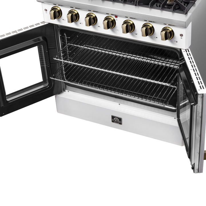 Forno Galiano 36-inch French Door Gas Range White and Antique Brass Design, 6 Sealed Burners 83,000 BTU, 5.36 cu.ft. Convection Oven