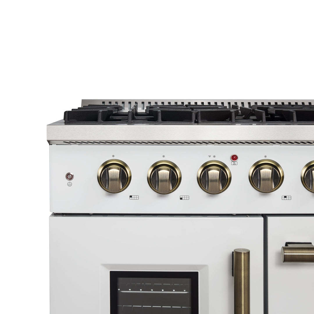 Forno Galiano 48-Inch Freestanding French Door Gas Range, White &amp; Antique Brass