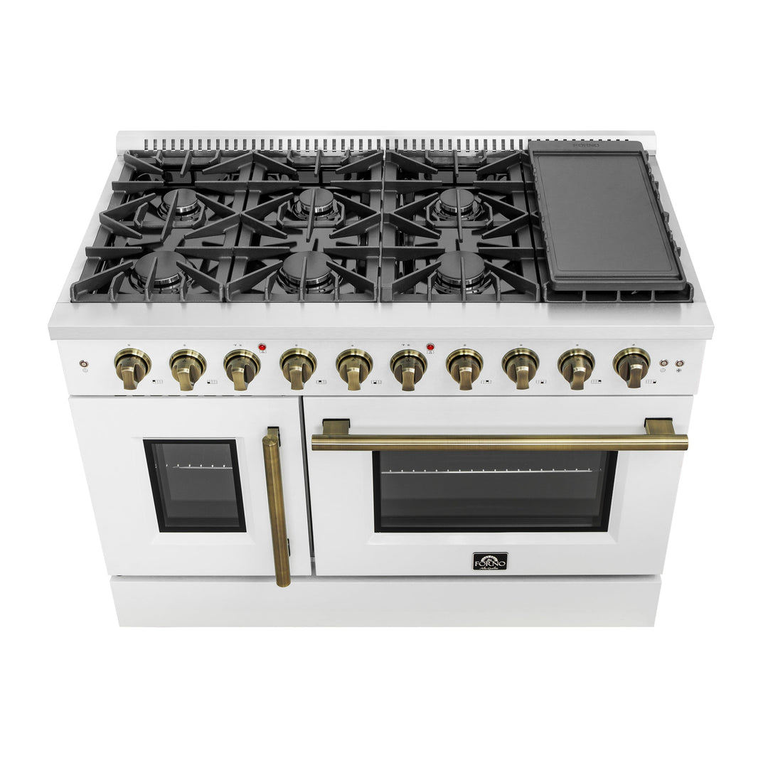 Forno Galiano 48-Inch Freestanding French Door Gas Range, White &amp; Antique Brass