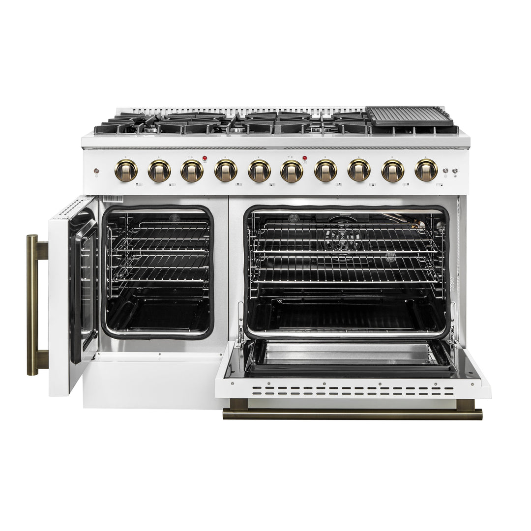 Forno Galiano 48-Inch Freestanding French Door Gas Range, White &amp; Antique Brass