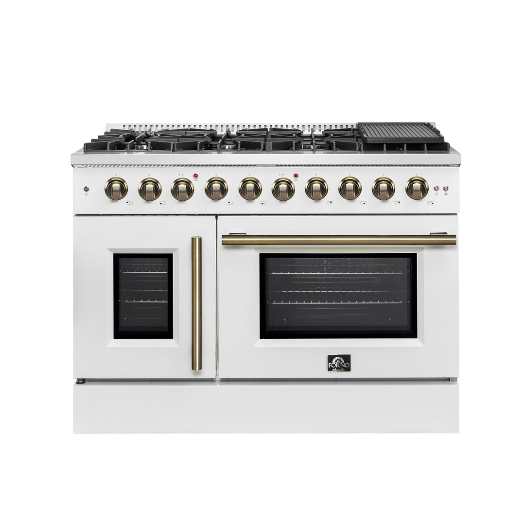 Forno Galiano 48-Inch Freestanding French Door Gas Range, White &amp; Antique Brass
