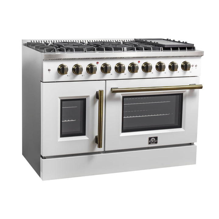Forno Galiano 48-Inch Freestanding French Door Gas Range, White &amp; Antique Brass