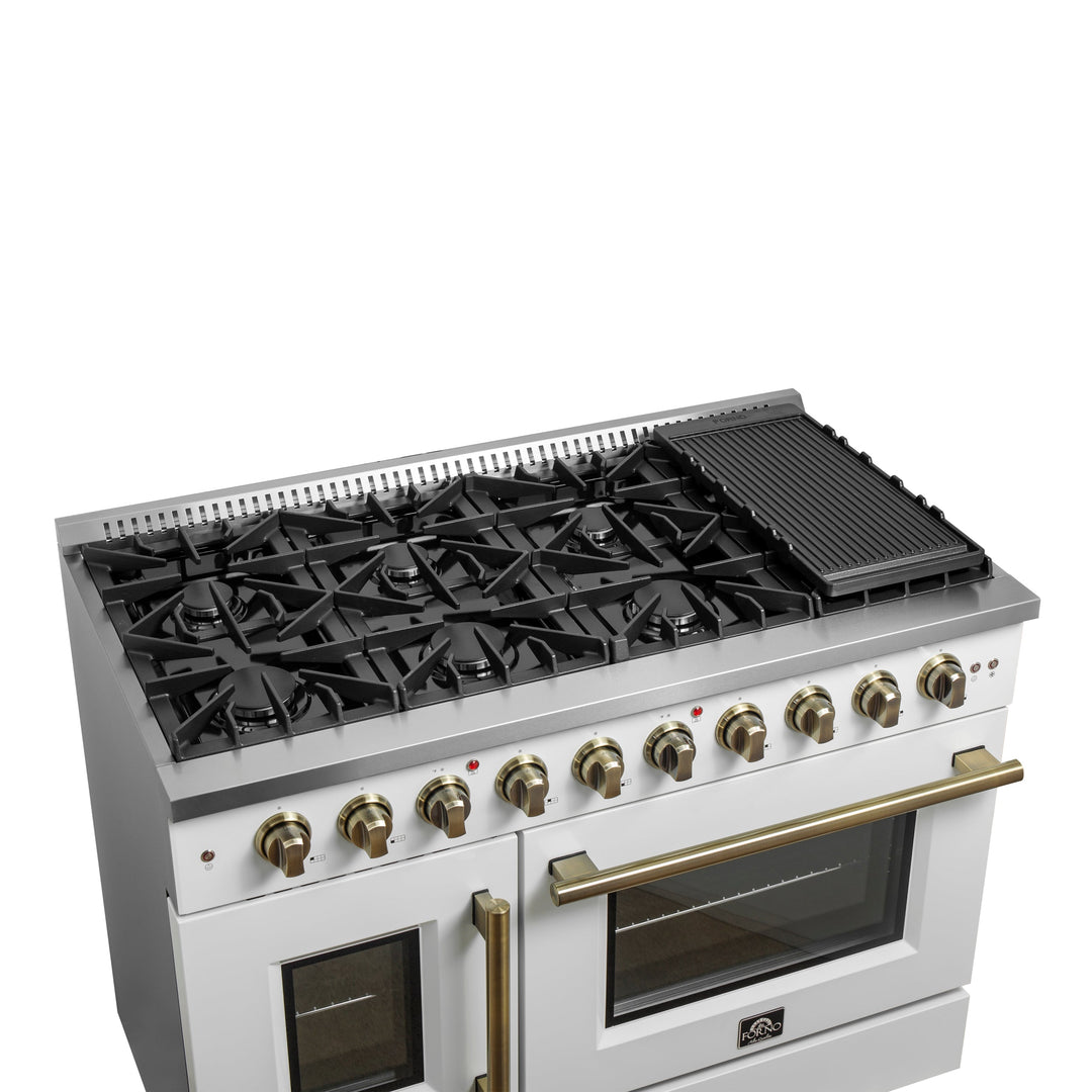 Forno Galiano 48-Inch Freestanding French Door Gas Range, White &amp; Antique Brass