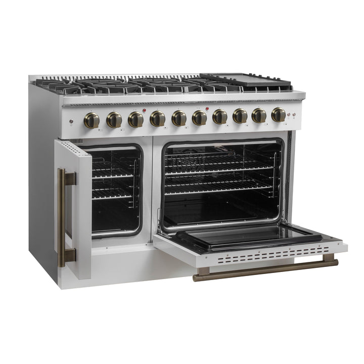 Forno Galiano 48-Inch Freestanding French Door Gas Range, White &amp; Antique Brass