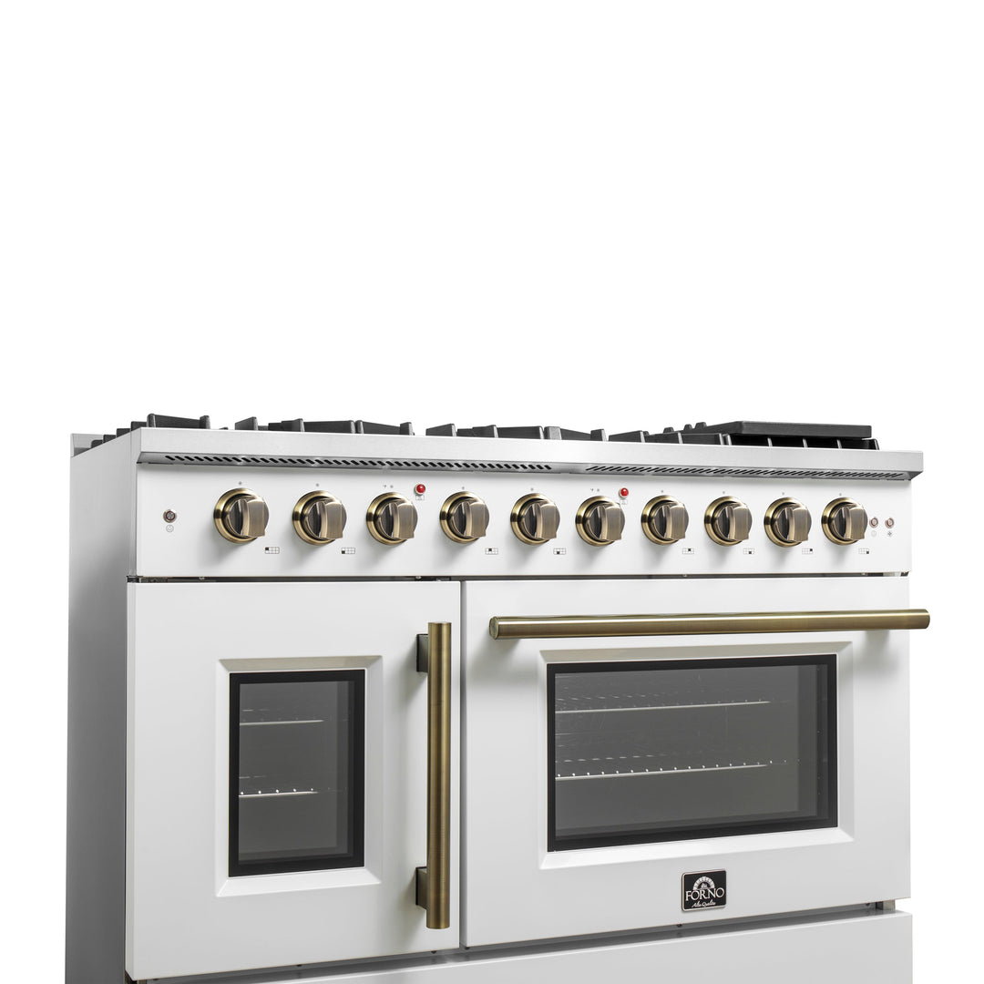 Forno Galiano 48-Inch Freestanding French Door Gas Range, White &amp; Antique Brass