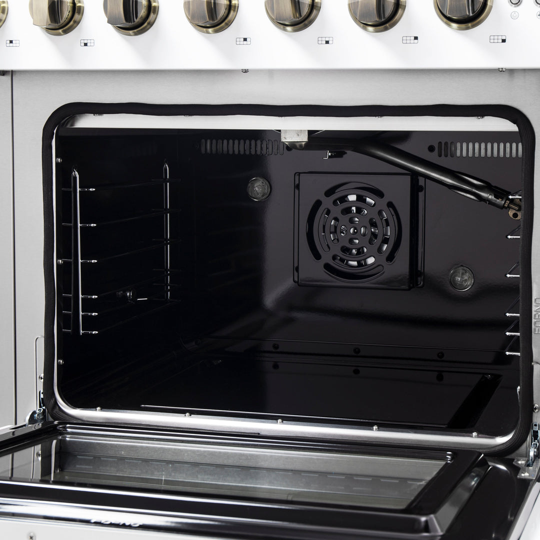 Forno Galiano 48-Inch Freestanding French Door Gas Range, White &amp; Antique Brass