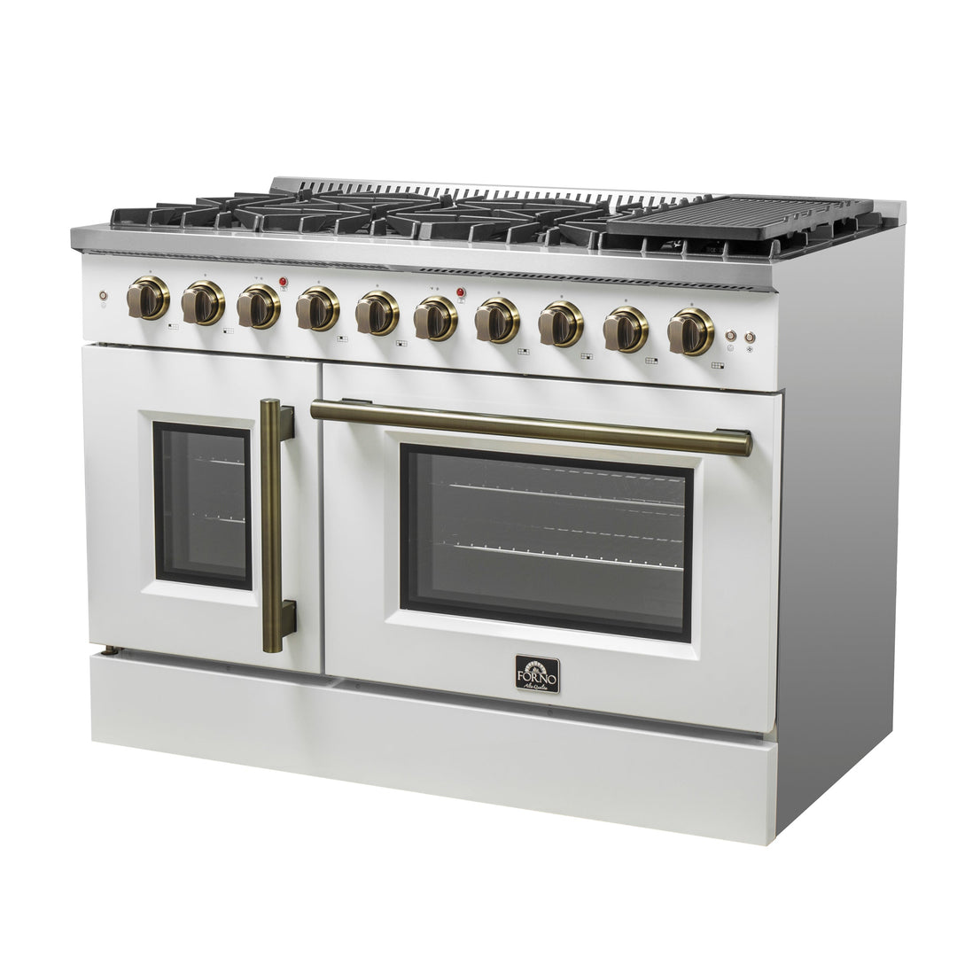 Forno Galiano 48-Inch Freestanding French Door Gas Range, White &amp; Antique Brass