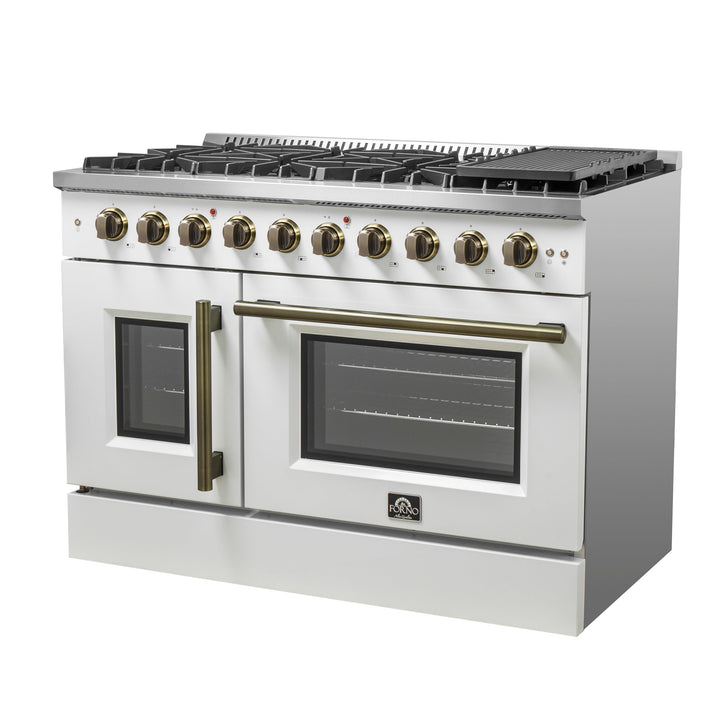 Forno Galiano 48-Inch Freestanding French Door Gas Range, White &amp; Antique Brass