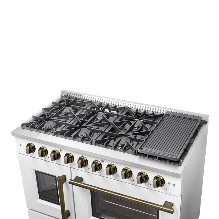Forno Galiano 48-Inch Freestanding French Door Gas Range, White &amp; Antique Brass