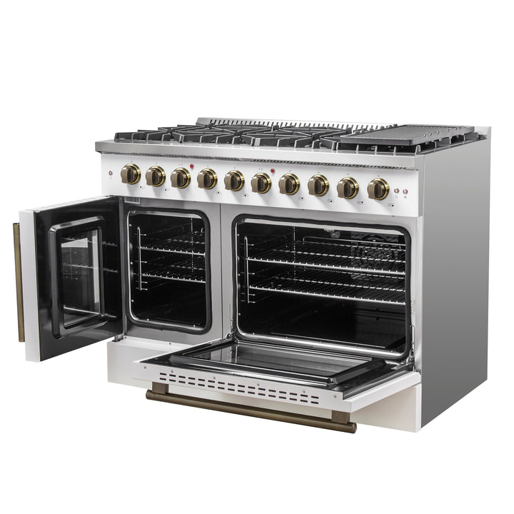 Forno Galiano 48-Inch Freestanding French Door Gas Range, White &amp; Antique Brass