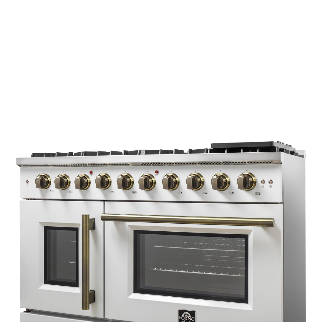 Forno Galiano 48-Inch Freestanding French Door Gas Range, White &amp; Antique Brass