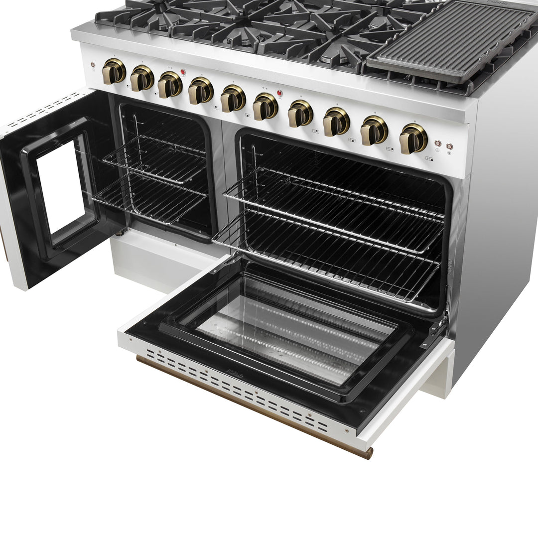 Forno Galiano 48-Inch Freestanding French Door Gas Range, White &amp; Antique Brass