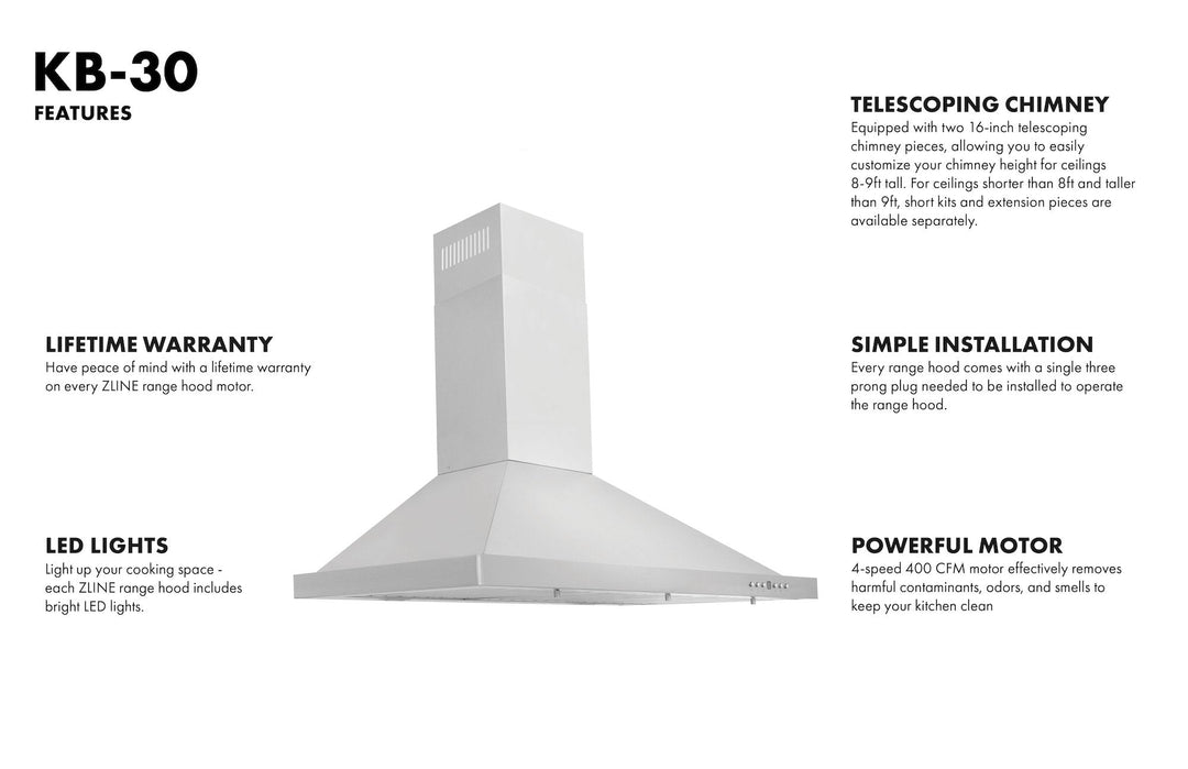 ZLINE 30 in. Dual Fuel Range with DuraSnow® Door & 30 in. Range Hood Appliance Package, 2KP-RASNRH30