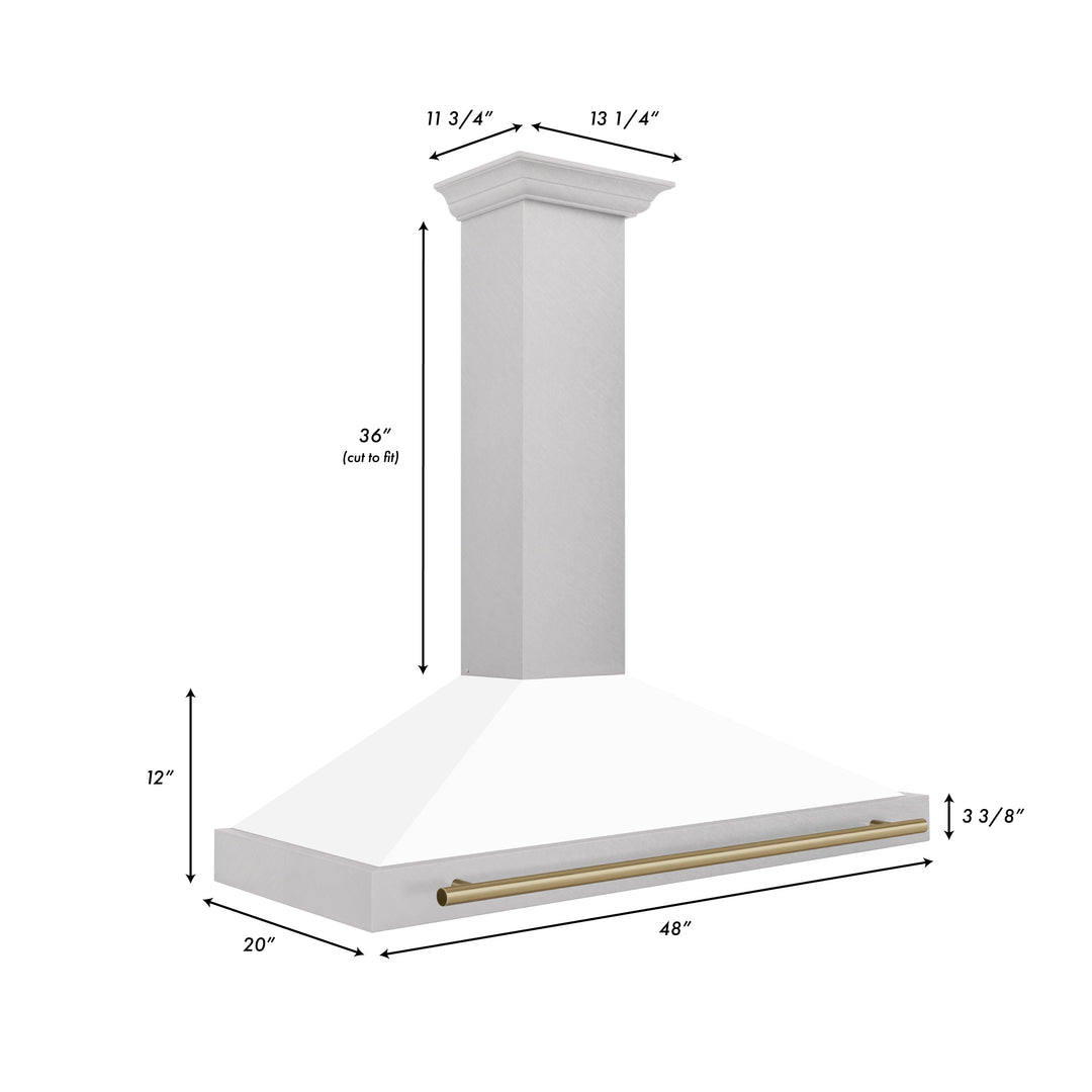 ZLINE 48 Inch Autograph Edition DuraSnow® Stainless Steel Range Hood with White Matte Shell and Champagne Bronze Handle, KB4SNZ-WM48-CB